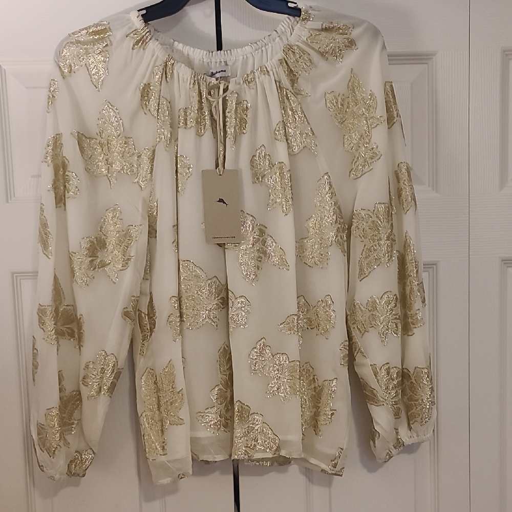 Tommy Bahama White Blouse with Gold Leaf Metallic Print
